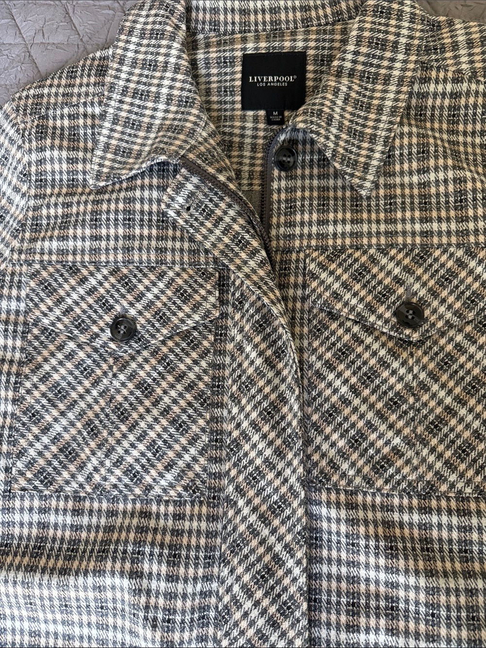 Liverpool Plaid Button-Front Blazer Jacket in Black, White & Tan